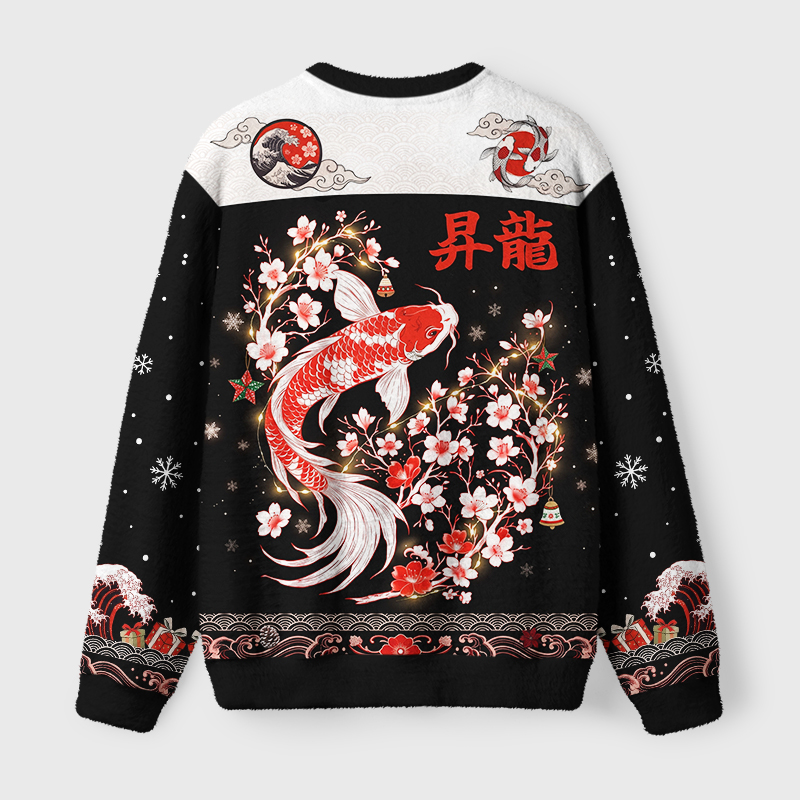 Tokyo-Tiger Vintage Sakura And Koi Fuzzy Christmas Ugly Sweatshirt