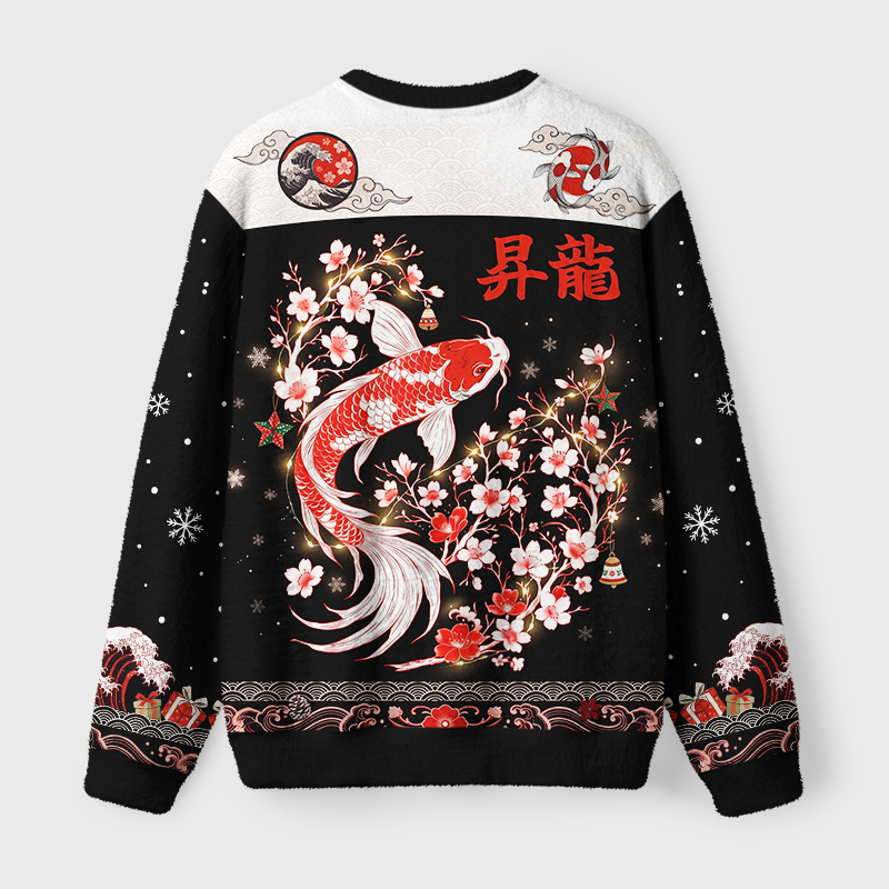 Tokyo-Tiger Vintage Sakura And Koi Fuzzy Christmas Ugly Sweatshirt