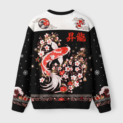Tokyo-Tiger Vintage Sakura And Koi Fuzzy Christmas Ugly Sweatshirt