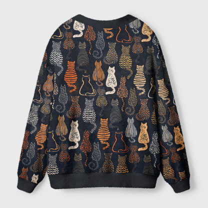 Tokyo-Tiger Abstract Line Art Cat All‑Over Print  Cardigan Sweater