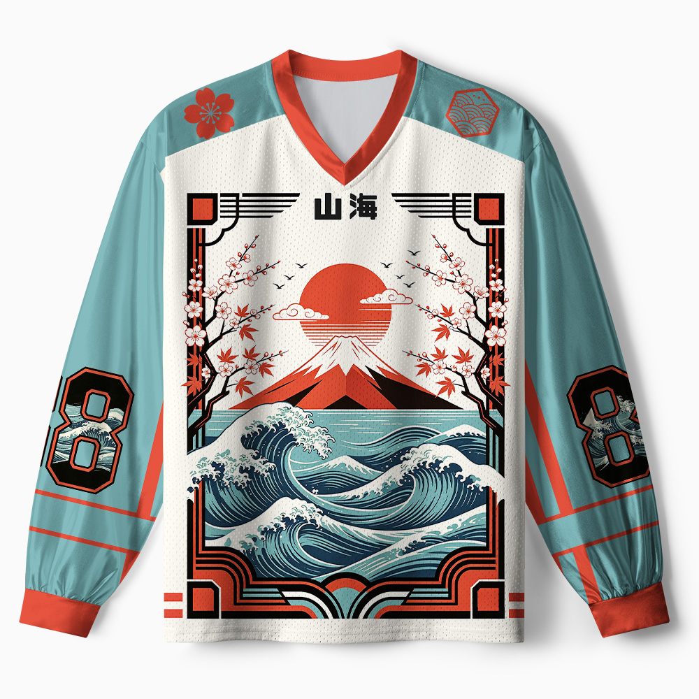 Tokyo-Tiger Mountains Seas Cherry Blossoms Paneled Long Sleeve Jersey