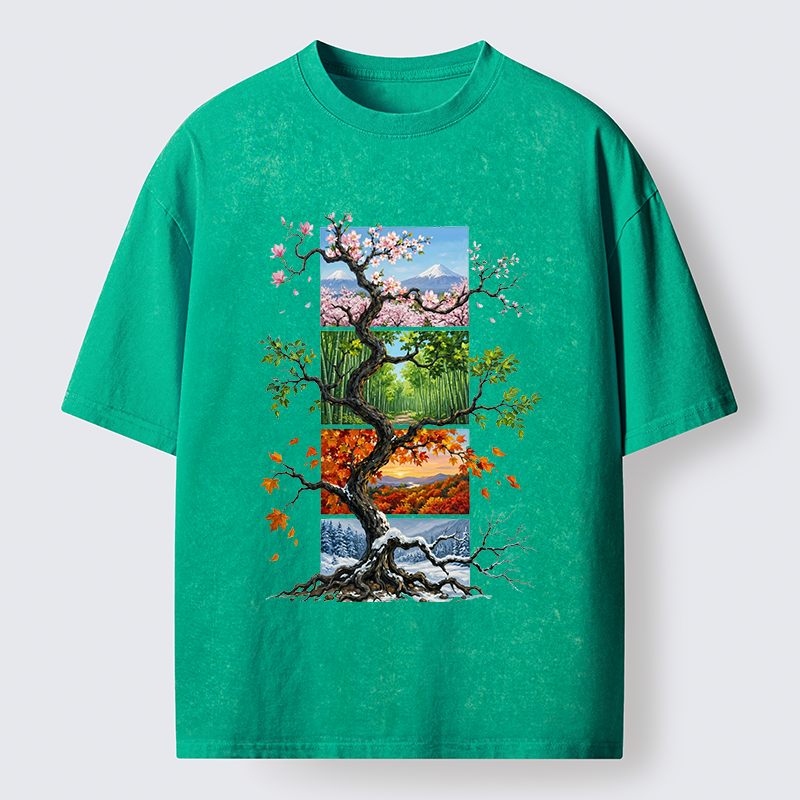 Tokyo-Tiger Nature Four Seasons Tree Art Washed T-Shirt