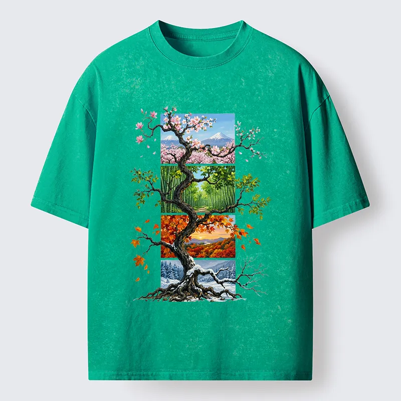 Tokyo-Tiger Nature Four Seasons Tree Art Washed T-Shirt