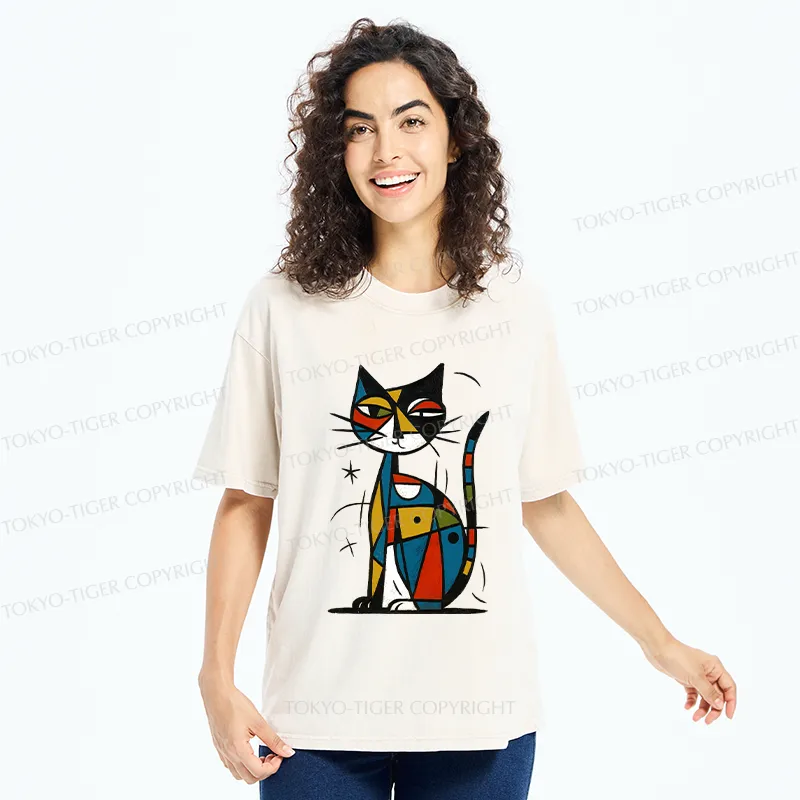 Tokyo-Tiger Abstract Japanese Cat Washed T-Shirt