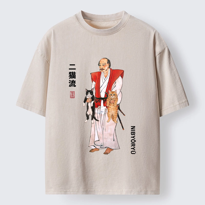 Tokyo‑Tiger Two Cat Samurai Vibe Washed T‑Shirt