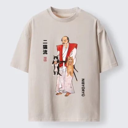 Tokyo‑Tiger Two Cat Samurai Vibe Washed T‑Shirt