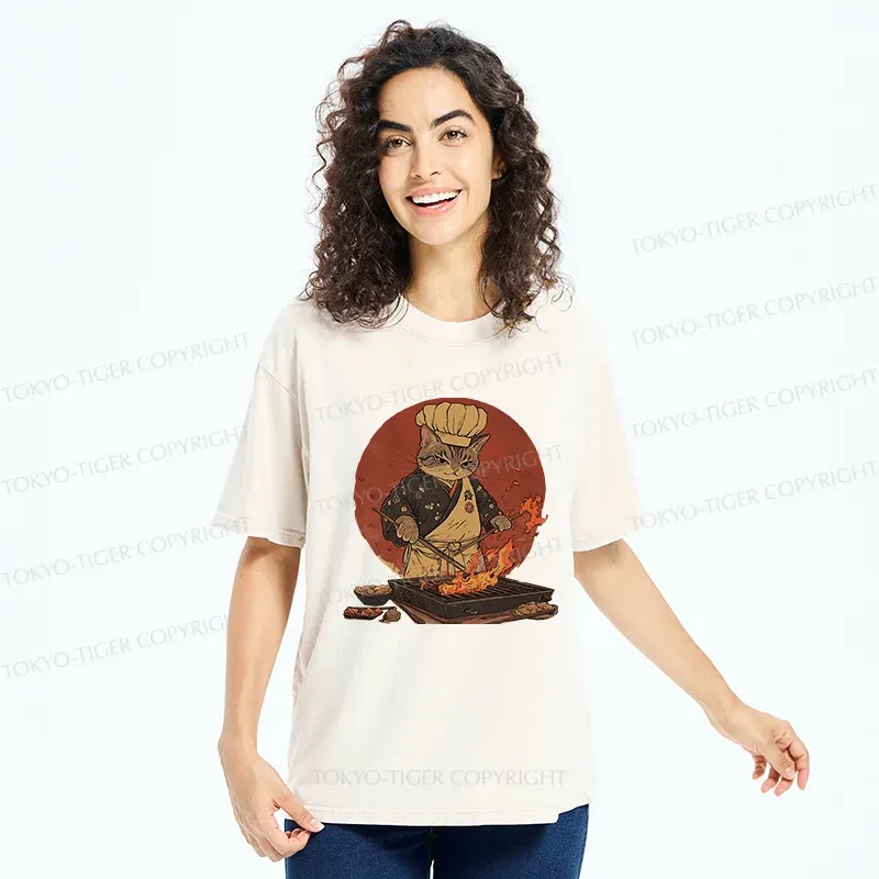 Tokyo-Tiger Cat Grill Chef Washed T-Shirt