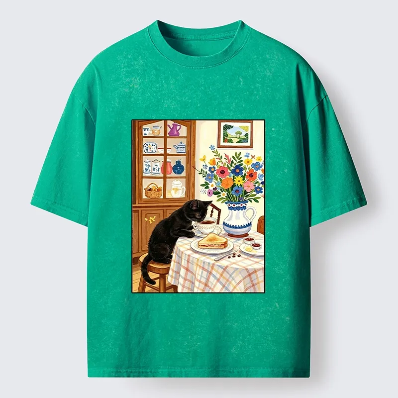 Tokyo‑Tiger Cute Snack Time Cat Washed T‑Shirt