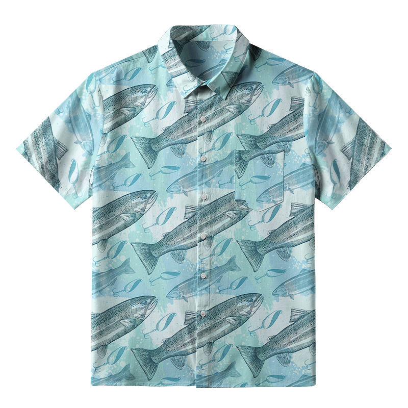 Tokyo-Tiger Swimming Fish And Fishhook Button-up Shirt