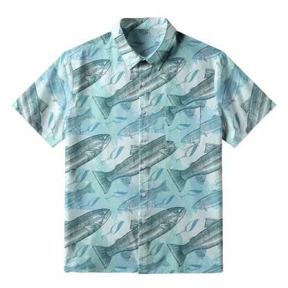 Tokyo-Tiger Swimming Fish And Fishhook Button-up Shirt