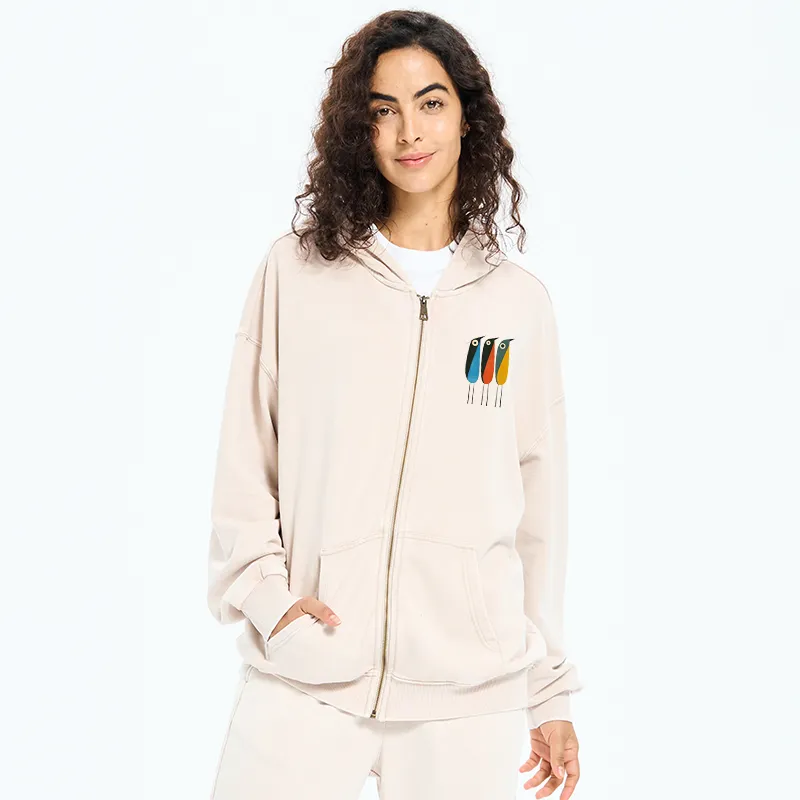 Tokyo-Tiger Bold Shape Birds Washed Zip Hoodie