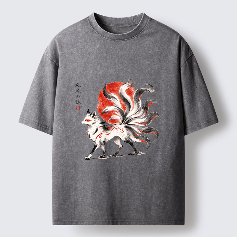 Tokyo-Tiger Nine-Tailed Fox Ink Art Washed T-Shirt