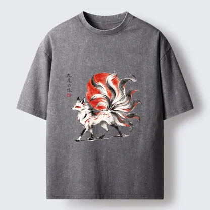 Tokyo-Tiger Nine-Tailed Fox Ink Art Washed T-Shirt