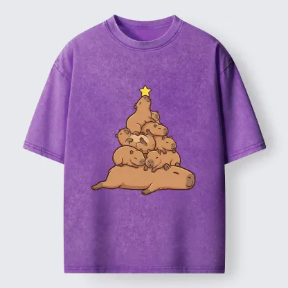 Tokyo-Tiger Funny Stacked Capybara Christmas Tree Washed T-Shirt