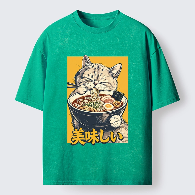 Tokyo‑Tiger Cat Eat Ramen Washed T‑Shirt