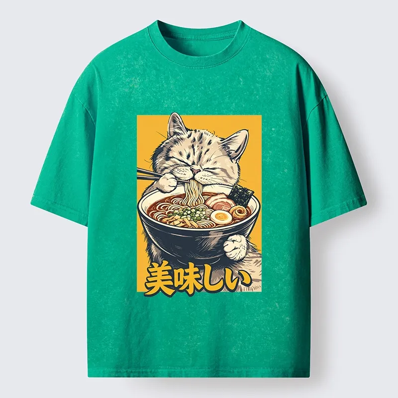 Tokyo‑Tiger Cat Eat Ramen Washed T‑Shirt