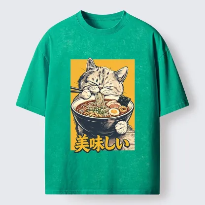 Tokyo‑Tiger Cat Eat Ramen Washed T‑Shirt