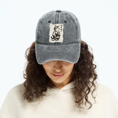 Tokyo-Tiger Japanese Samurai Cat Illustration Washed Cap