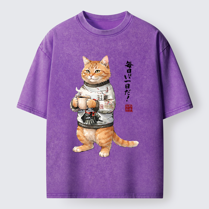 Tokyo‑Tiger Sweater Cat Coffee Washed T‑Shirt