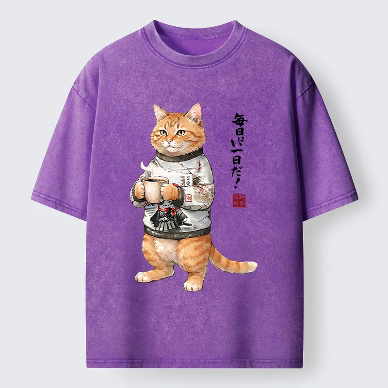 Tokyo‑Tiger Sweater Cat Coffee Washed T‑Shirt