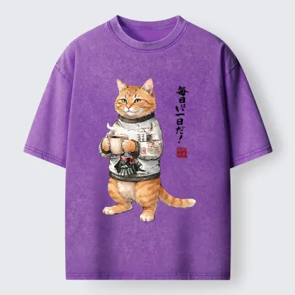 Tokyo‑Tiger Sweater Cat Coffee Washed T‑Shirt