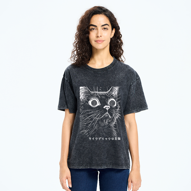 Tokyo-Tiger Trippy Black Cat Washed T-Shirt