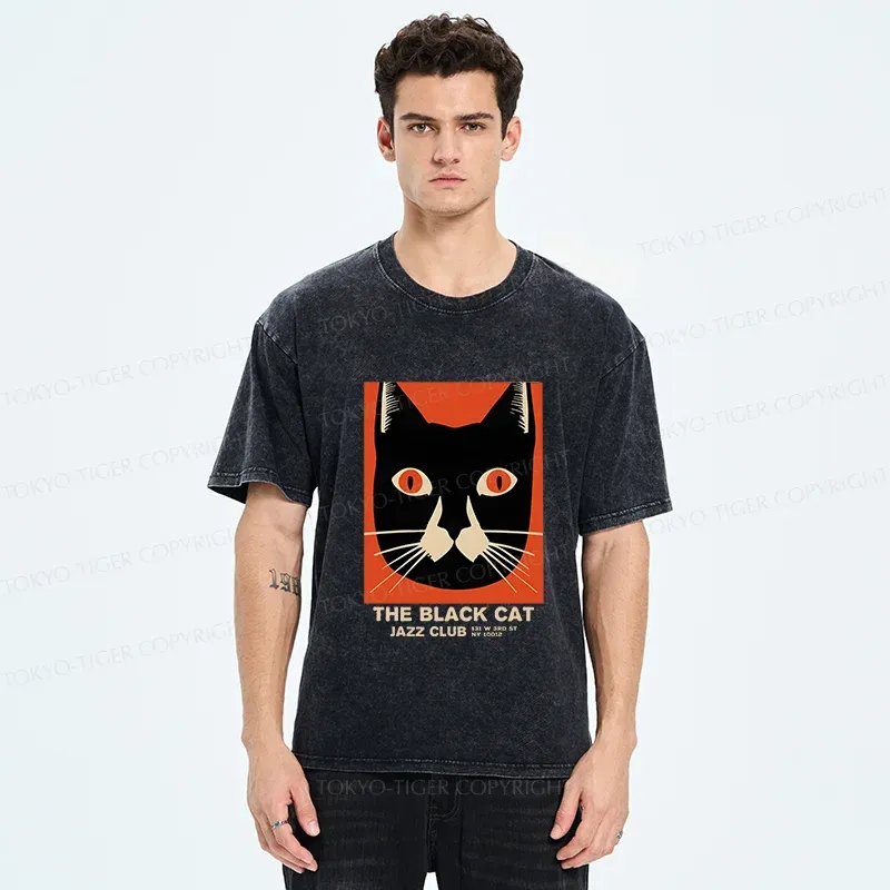 Tokyo-Tiger Minimalist Black Cat Washed T-Shirt