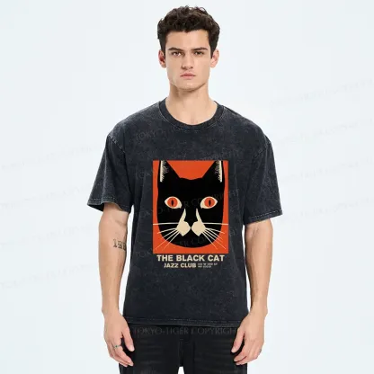 Tokyo-Tiger Minimalist Black Cat Washed T-Shirt