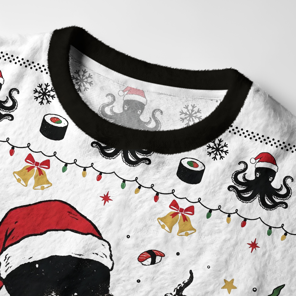 Tokyo-Tiger Octopus Making Sushi Funny Meme Fuzzy Christmas Ugly Sweatshirt