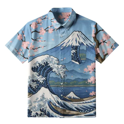 Tokyo-Tiger Waves Under Mount Fuji Button-up Shirt