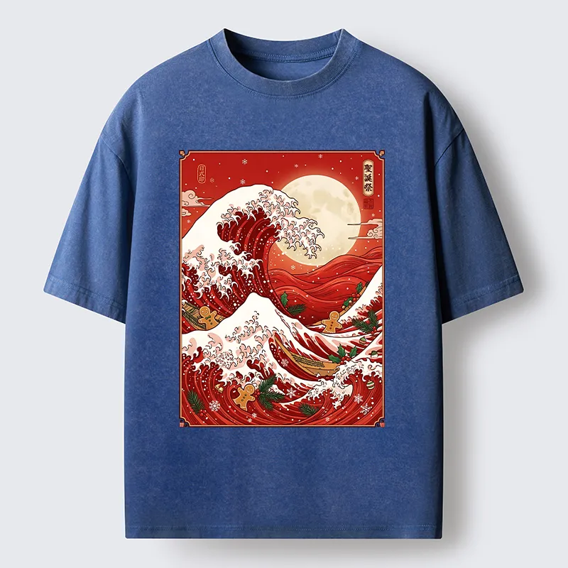 Tokyo-Tiger Gingerbread Surfing Christmas Wave Art Washed T-Shirt