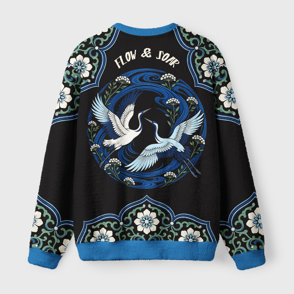 Tokyo-Tiger Twin Cranes Blue Stream Fuzzy Christmas Ugly Sweatshirt