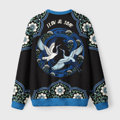 Tokyo-Tiger Twin Cranes Blue Stream Fuzzy Christmas Ugly Sweatshirt
