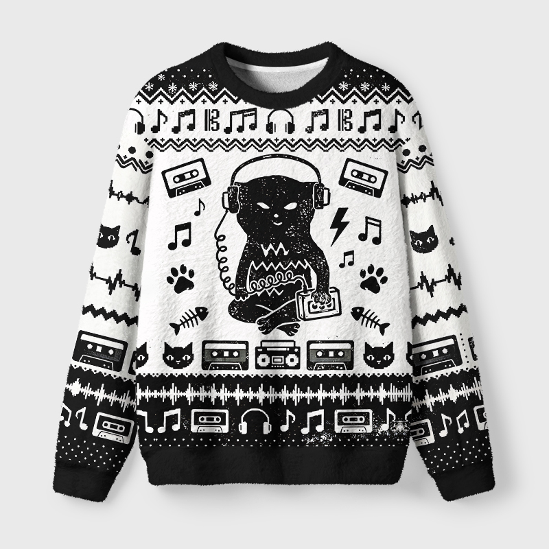 Tokyo-Tiger Retro Headphone Black Cat Fuzzy Christmas Ugly Sweatshirt