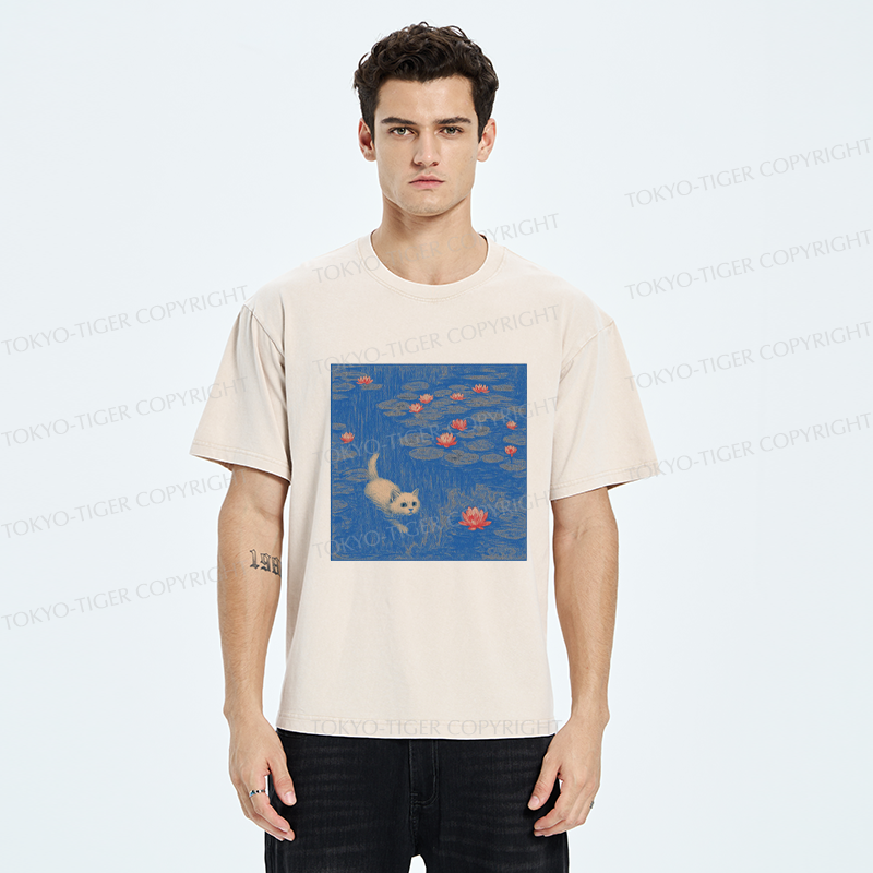 Tokyo-Tiger The Kitten Sneaking Into The Water Lilies Washed T-Shirt
