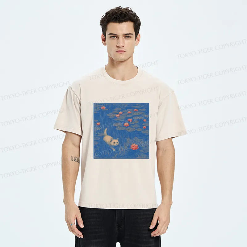 Tokyo-Tiger The Kitten Sneaking Into The Water Lilies Washed T-Shirt