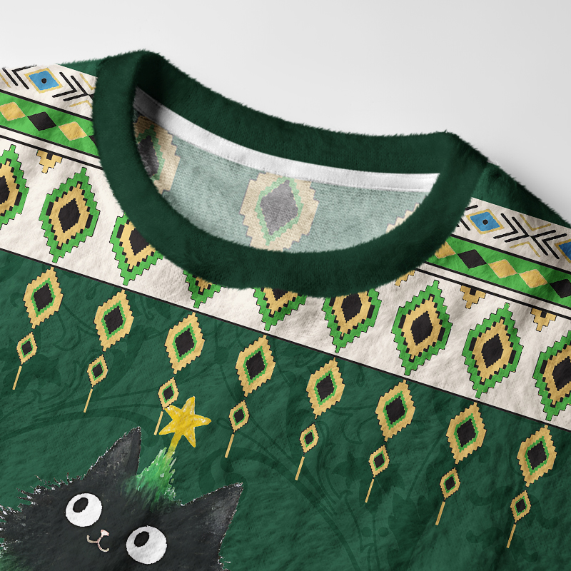 Tokyo-Tiger Funny Christmas Tree Cat Fuzzy Christmas Ugly Sweatshirt