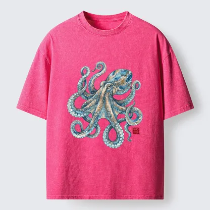 Tokyo-Tiger Ocean Octopus Art Washed T-Shirt