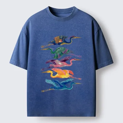 Tokyo‑Tiger Colorful Flying Cranes Washed T‑Shirt