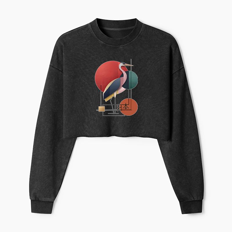 Tokyo-Tiger Geometric Crane Art Washed Crop Sweatshirt