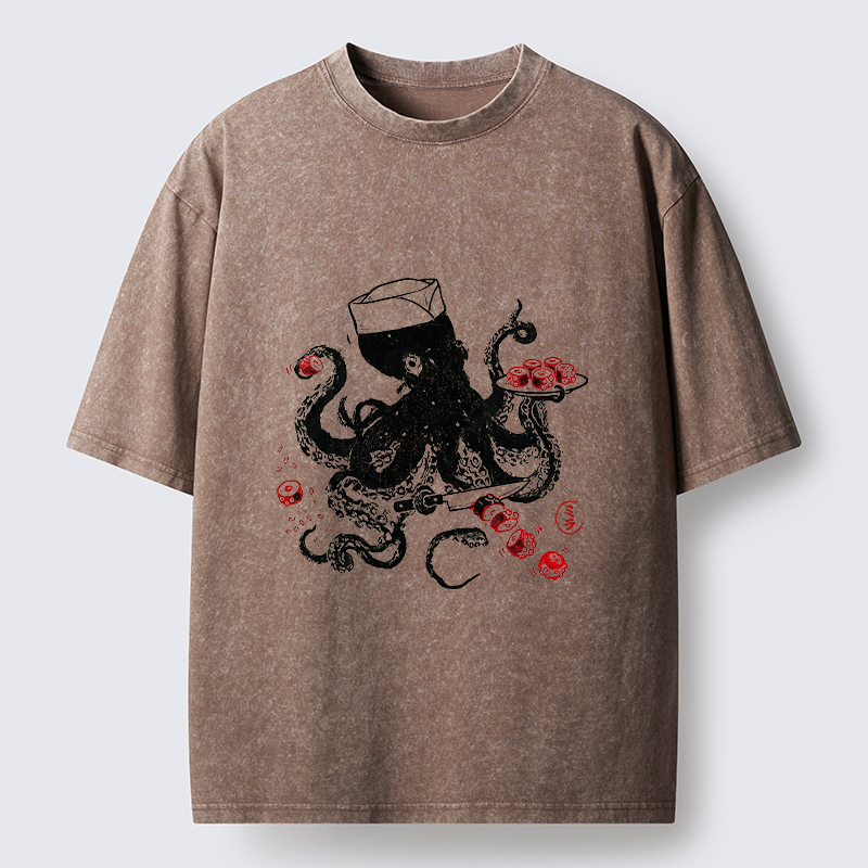 Tokyo-Tiger Octopus Making Sushi Funny Meme Washed T-Shirt