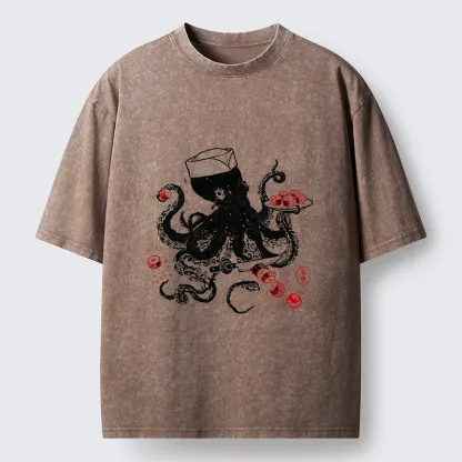 Tokyo-Tiger Octopus Making Sushi Funny Meme Washed T-Shirt