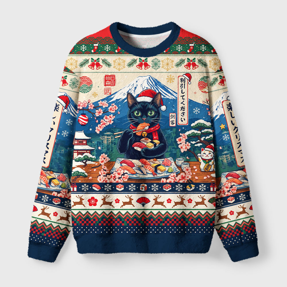 Tokyo-Tiger Cute Black Cat Enjoying Sushi Fuzzy Christmas Ugly Sweatshirt