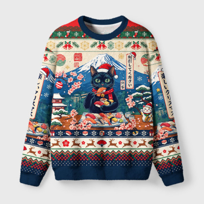Tokyo-Tiger Cute Black Cat Enjoying Sushi Fuzzy Christmas Ugly Sweatshirt