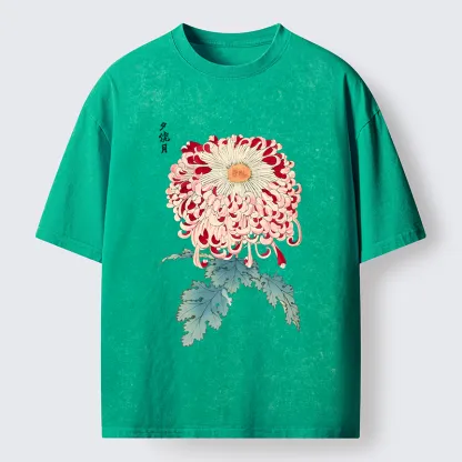 Tokyo-Tiger Vintage Chrysanthemum Art Washed T-Shirt