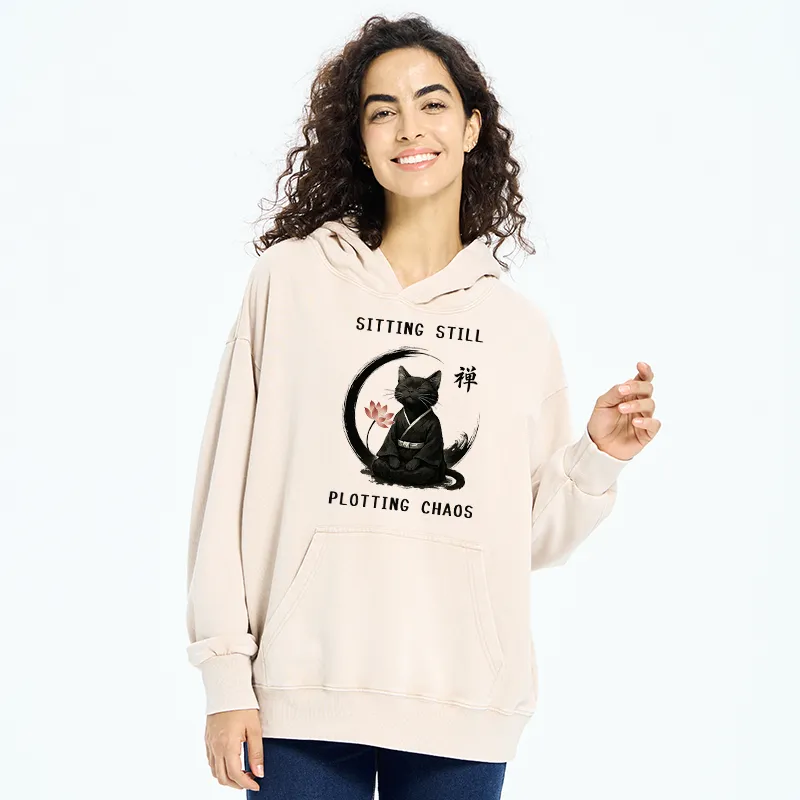 Tokyo-Tiger Sitting still  plotting chaos Calming Zen Cat Funny Washed Hoodie