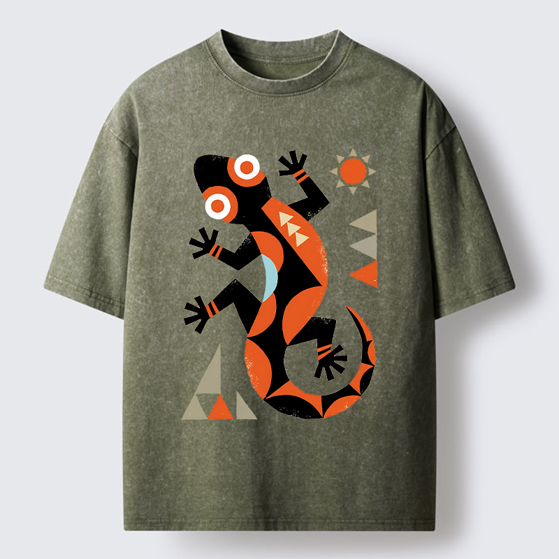 Tokyo-Tiger Abstract Geometric Gecko Washed T-Shirt