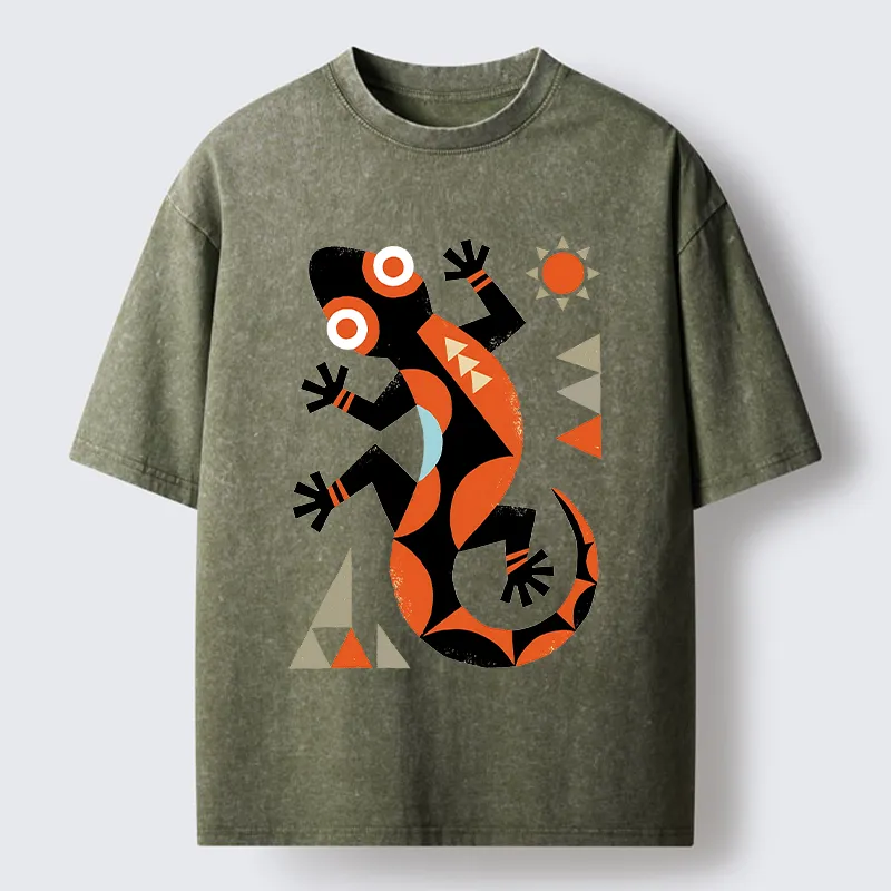 Tokyo-Tiger Abstract Geometric Gecko Washed T-Shirt