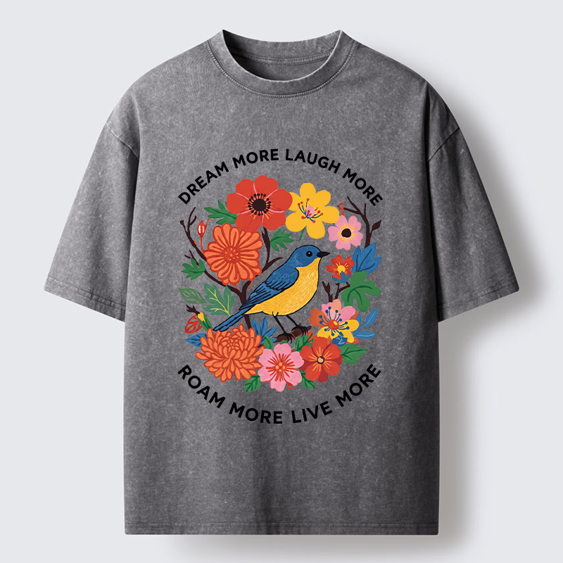 Tokyo-Tiger Vintage Bird Floral Quote Washed T-Shirt