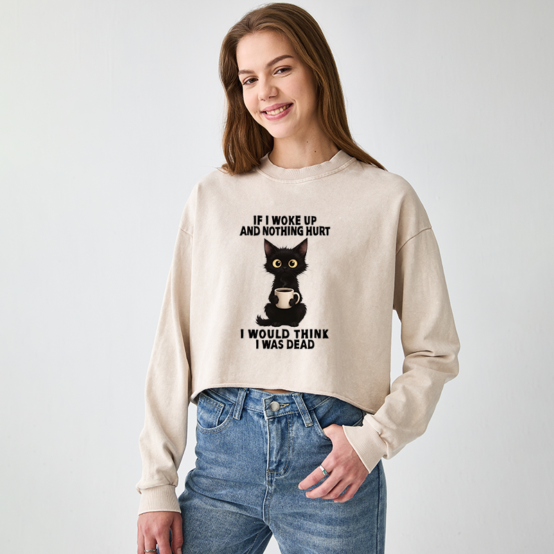 Tokyo-Tiger Funny Cute Black Cat And Coffee Meme Washed Crop Sweatshirt